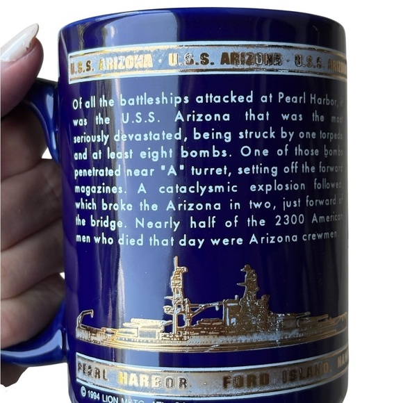 U.S.S. Arizona Blue Coffee Mug Blue Gold Glazed Ceramic Armed Forces 1994 - Picture 6 of 7